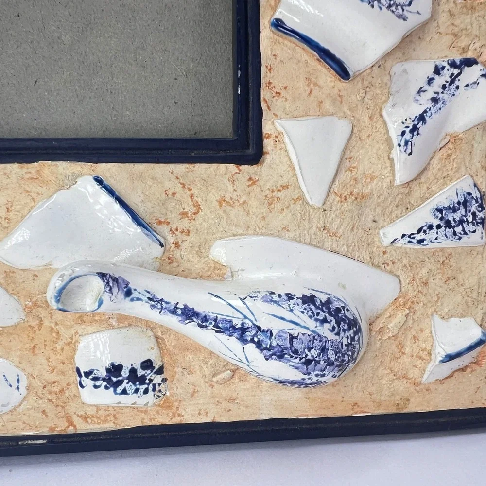 Blue & White Mosaic Broken Teapot Picture Frame 3x5 Shabby Chic Cottage Artisan